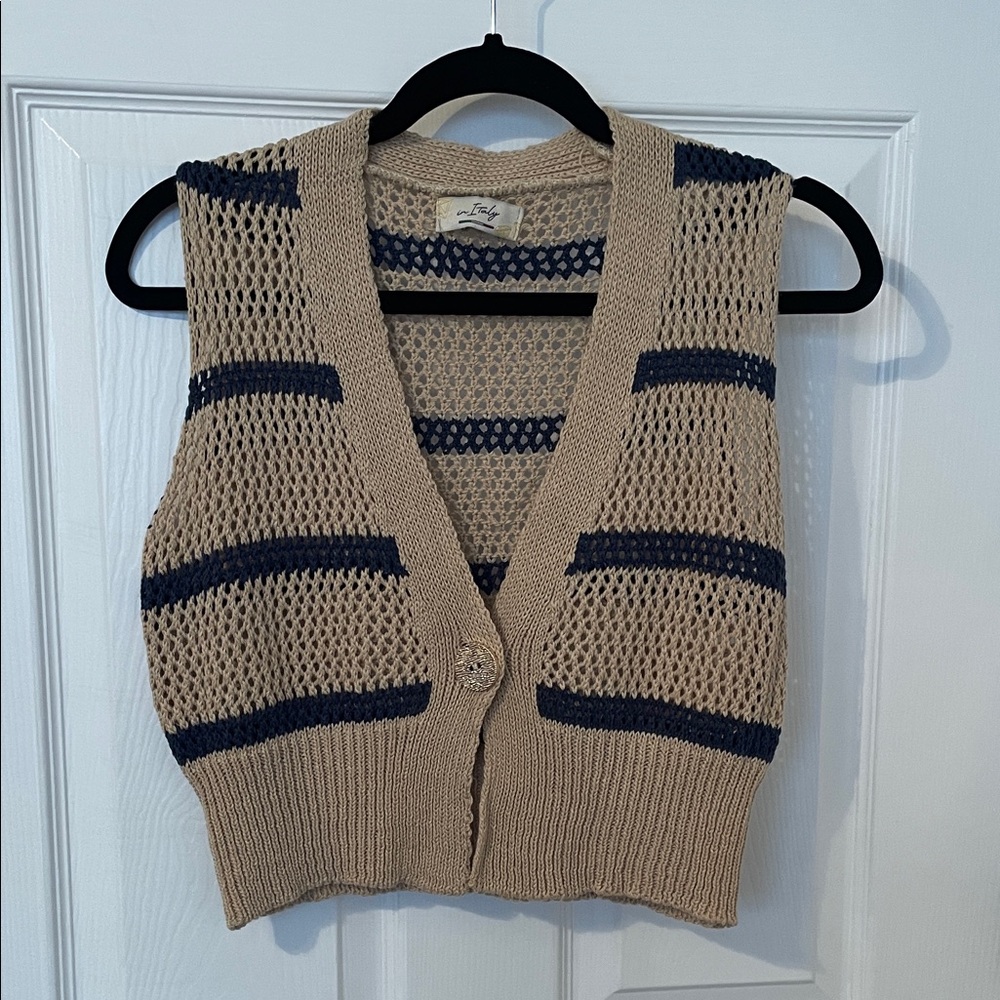 Elegant Tan and Navy V-Neck Sweater Vest